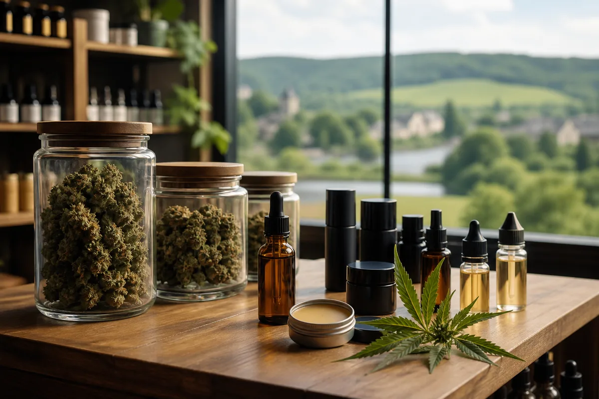 Étagère de boutique présentant fleurs sous bocal, e-liquides et cosmétiques au chanvre