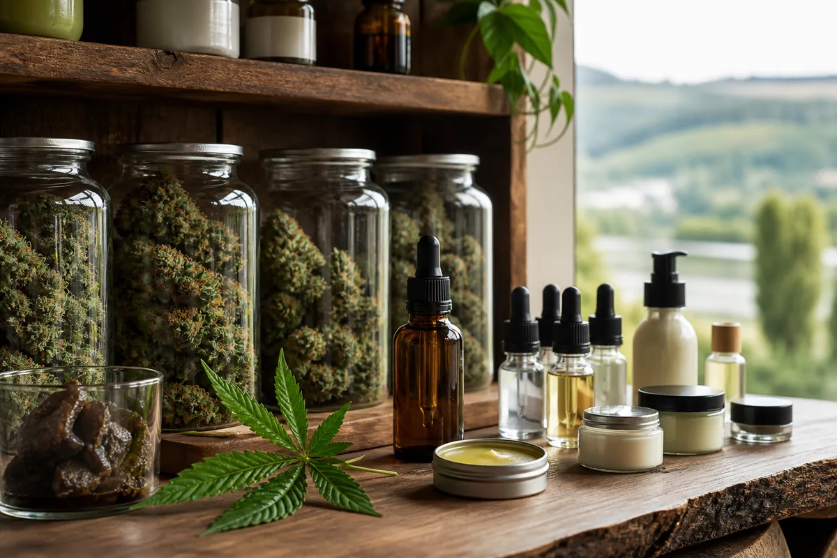 Comptoir présentant fleurs, résines, e-liquides et cosmétiques au chanvre alignés sur une étagère en bois