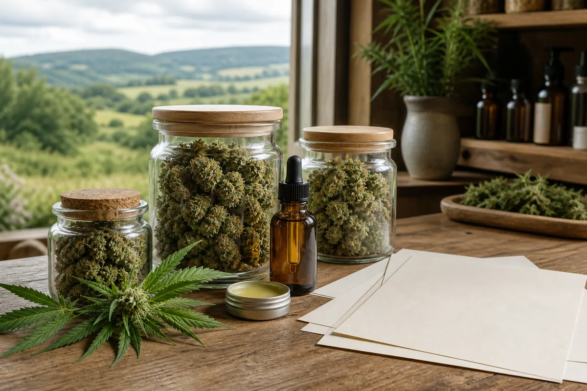 Comptoir d’atelier avec e-liquides, flacons cosmétiques et fiches d’analyse imprimées