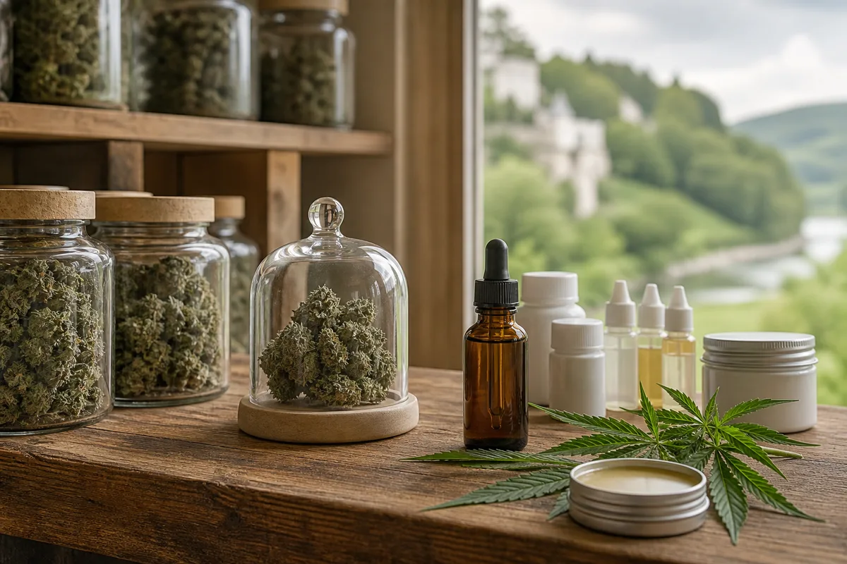 Étagère présentant fleurs sous bocal, flacons d&rsquo;e-liquide et pots de cosmétiques