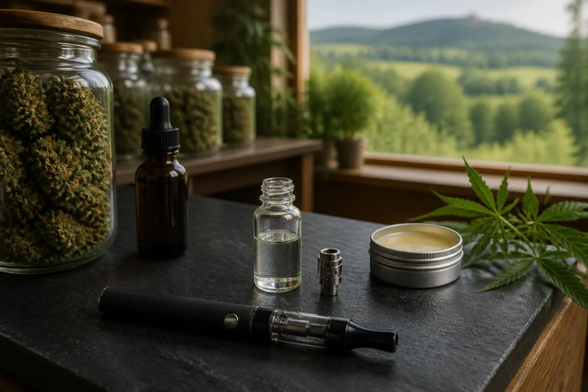Vape pen posé sur un plan de travail sombre à côté d’un flacon d’e-liquide et d’une résistance de rechange