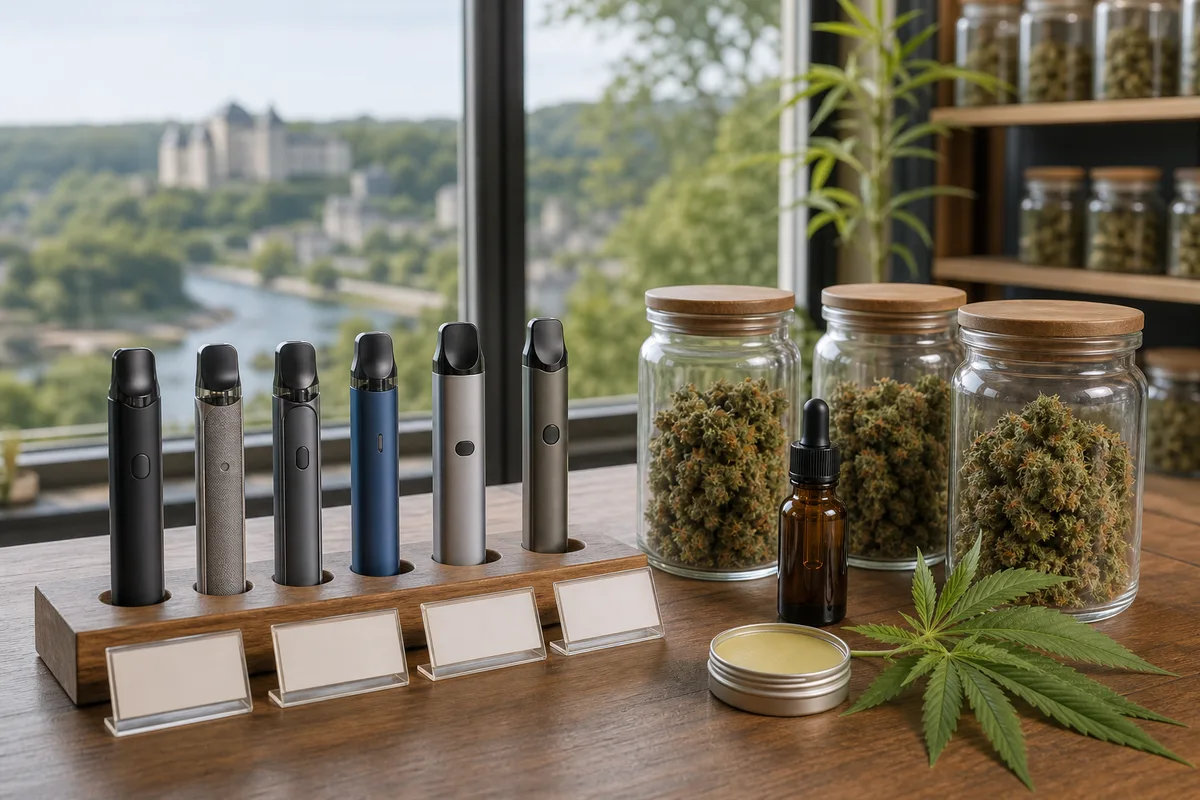 Présentoir de boutique avec kits de vapotage alignés et étiquettes de prix
